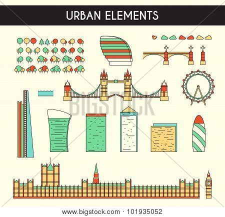 Set objects to create a panorama of London, England. Bridge