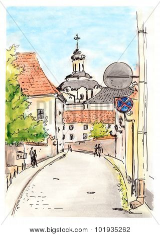 Hand painted sketch of Vilnius town street