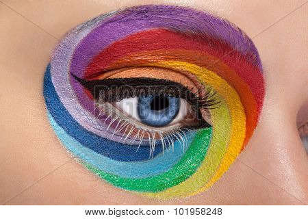 Close Up Blue Eye With Artistic Rainbow Make Up