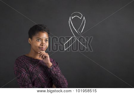 African American Woman With Hand On Chin Thinking About Illness Awareness  On Blackboard Background