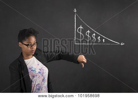 African Woman With Thumbs Down Hand Signal To Decrease In Money On Blackboard Background