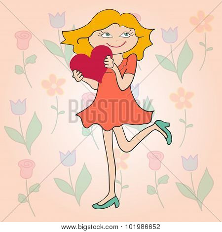 Cartoon smiling girl with a heart and flower background