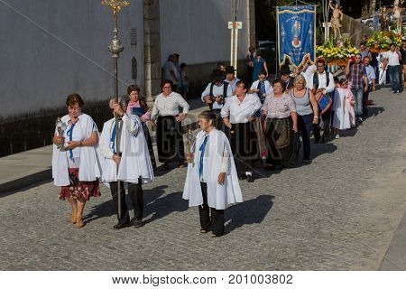 ABADIA, AMARES, PORTUGAL - August 15, 2017: Traditional religious procession of Senhora da Abadia in Amares, Portugal