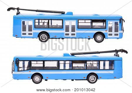 Modern trolleybus toy isolated on white background.