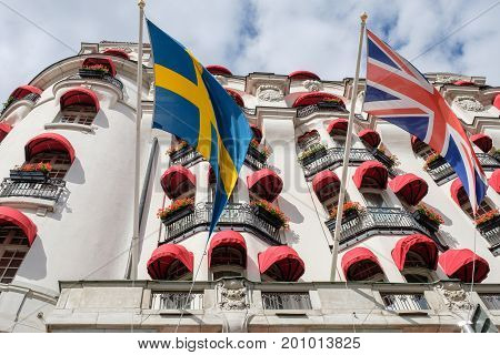 STOCKHOLM - JULY 5, 2017:  The exterior with awnings of Hotel Diplomat in Stockholm. This is a classic luxury waterfront hotel in residential area Ostermalm.