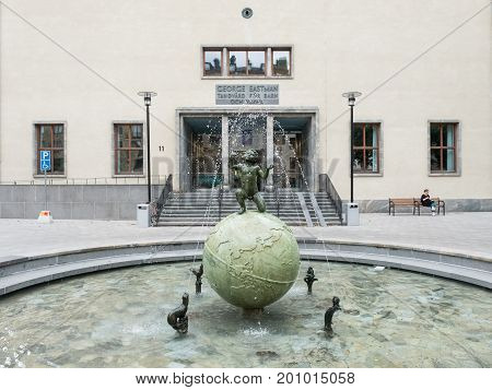 STOCKHOLM, SWEDEN - JULY 4, 2017: The Eastman institute and the Eastman fountain in Stockholm.  The institute was donated by George Eastman to provide free dental care to children.