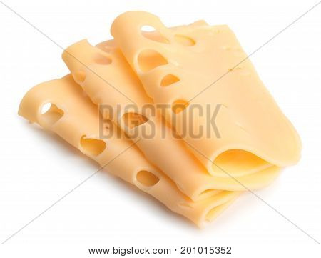 Three Slices Of Cheese Isolated On White Background.