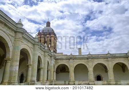 View of the roof and tower of the Santo Domingo Church in Oaxaca Mexico