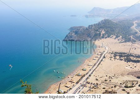 Aerial View On Tsampika Sand Beach And Lagoon With Clear Blue Water At Rhodes Island, Greece.