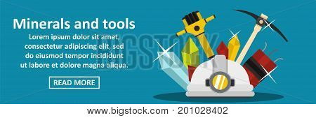 Minerals and tools banner horizontal concept. Flat illustration of minerals and tools banner horizontal vector concept for web