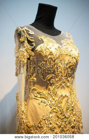 Wedding dress gown on mannequin in bridal gown. Bride's morning wedding preparation concept