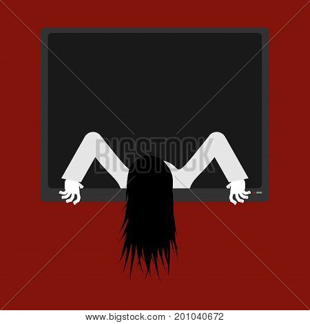 Zombie Girl From Tv. Zombie Comes Out Of Televisor. Interference Glitch Tv. Halloween