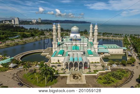 Kota Kinabalu,Sabah,Malaysia-Jan 23,2017:Aerial view Kota Kinabalu State Mosque during sunny in Kota Kinabalu,Sabah,Borneo,Malaysia.The design shares some similarities to Medinah Masjid An Nabawi.