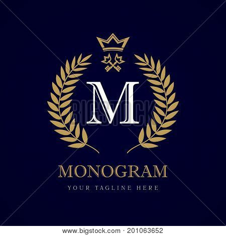 Luxury calligraphic letter M crown and key monogram logo. Laurel elegant beautiful round logo with crown and key. Vector letter emblem M for Royalty, Restaurant, Boutique, Hotel, Heraldic, Jewelry
