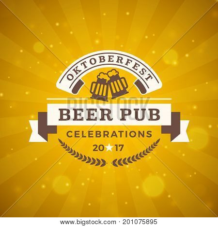 Beer Festival Oktoberfest Celebrations. Vintage Beer Badge On The Golden Beer Abstract Background. V