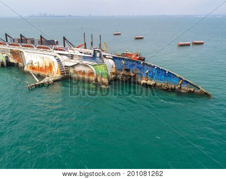 Boat crashes in the sea cruise ship accident Shipwrecktop view aerial view