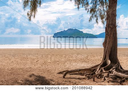 Sea and beach view with pine and island.In the morning the calm sea wave.Locations;Ao manao Prachuap Khiri Khan Thailand