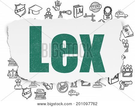 Law concept: Painted green text Lex on Torn Paper background with  Hand Drawn Law Icons