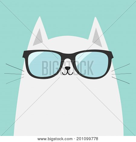 White cat wearing sunglasses eyeglasses. Shining lenses. Cute cartoon funny character. Kitten in eyeglasses. Fashion animal. Blue background. Isolated. Flat design Vector illustration