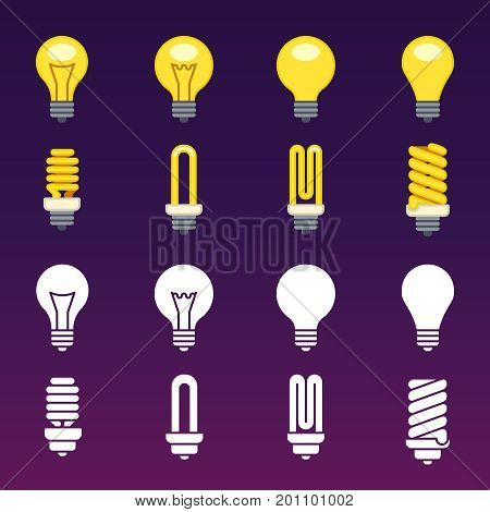 White silhouettes and colorful light bulbs icons. Idea lamp symbol illustration
