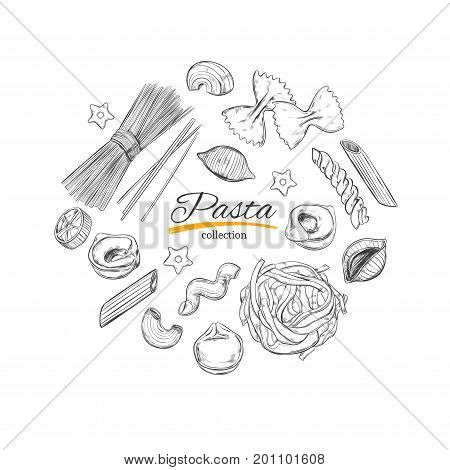 Cooking Italian Pasta template. Different types of pasta. Vector hand drawn illustration. Isolated objects on white. Sketch style