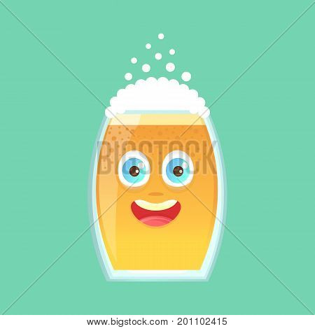 Character glass with beer foam and bubbles. Emotional icon. Unexpected surprise joy surprised look. To the day of Oktoberfest. Sticker for messengers and other communications. Cartoon style.