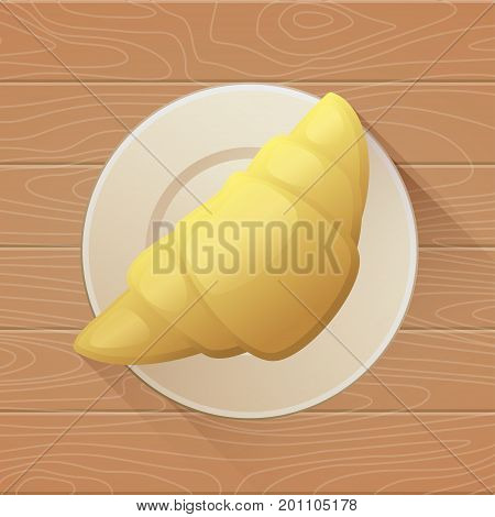 Vector flat illustration. Tasty buttery croissant on plate and old wooden table.