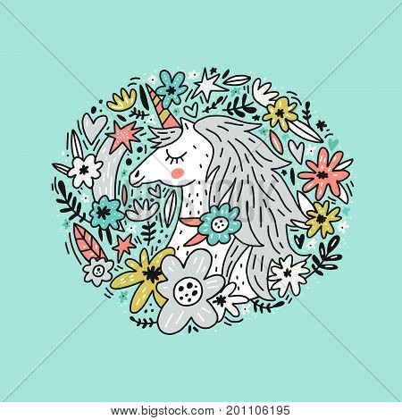 Circle concept with unicorn and flowers - cute vector illustration