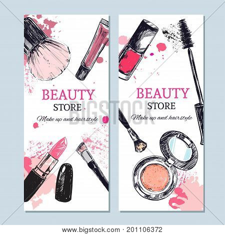 Beauty store banner with make up objects: lipstick cream brush. Template Vector. Hand drawn isolated objects. Cosmetics.