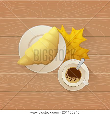 Tasty buttery croissant and cup of hot coffee on old wooden table with autumn leaves. Flat vector illustration