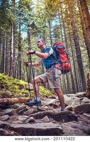 Summer hike in the mountains with a backpack and tent.