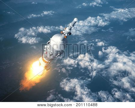Cargo Carrier Rocket Launch In The Clouds. 3D Illustration.