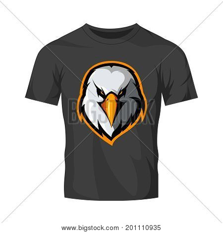 Furious eagle head athletic club vector logo concept isolated on black t-shirt mockup. Modern sport team mascot badge design. Premium quality wild bird emblem t-shirt tee print illustration.
