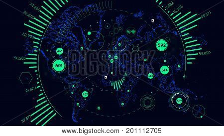 HUD futuristic interface data visualization, Vector world map of world analytics