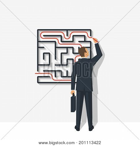 Creative problem solving. Businessman standing about wall drawing exit from labyrinth. Business concept. Choice way. Vector illustration flat design. Isolated on background. Achieving the goal.