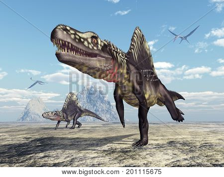 Computer generated 3D illustration with Archosaur Arizonasaurus and pterosaur Quetzalcoatlus