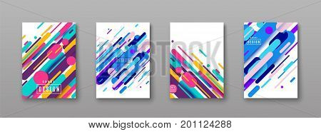 Vector illustration of cover poster pattern template set with dynamic composition made of various colored rounded shapes lines in diagonal rhythm. Minimalistic geometric motion design