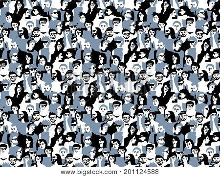Different people crowd seamless pattern gray and black. Monochrome vector illustration. EPS8