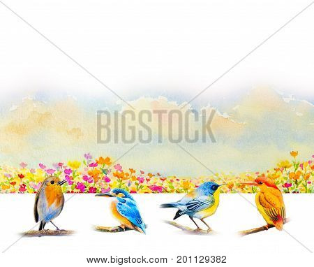 Group cute baby birds watercolor painting original realistic on paper in the mexican diasy flowers with sky and cloudwhite background.
