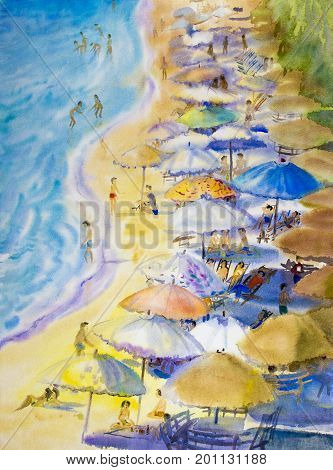 Painting seascape colorful of lovers family vacation and tourism in summery sea wave blue background. Painted Impressionist abstract image illustration.