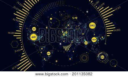 HUD futuristic interface global technology and telecommunication network, Vector world map of world analytics