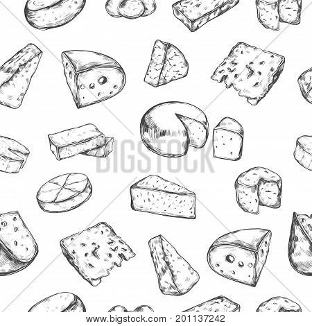 Seamless pattern with different types of cheese. Vector hand drawn