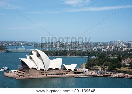 SYDNEY,NSW,AUSTRALIA-NOVEMBER 20,2016: Sydney Opera House at Bennelong Point with nautical vessels in Sydney, Australia
