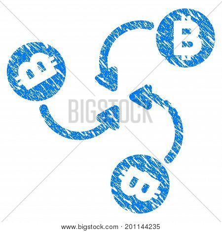 Grunge Bitcoin Mixer Swirl icon with grunge design and scratched texture. Unclean vector blue pictogram for rubber seal stamp imitations and watermarks. Draft sign symbol.