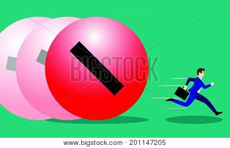 A Businessman Is Running Hurriedly From Rolling Big Red Negativity Steel Ball In Forward Motion. It Means Trying To Avoid Much Quantity Of Negative Attitude From The Others