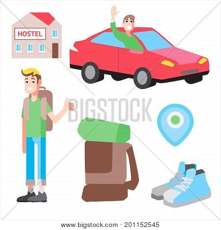 Vector set with illustrations cheap travel. Hostel, hitch-hiking and tourist stuff