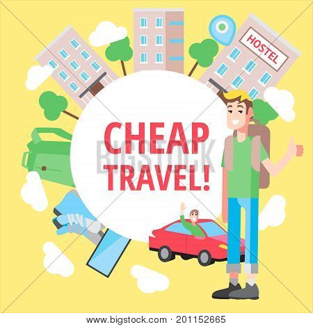 Vector design concept with flat illustrations about cheap travel. Hostel, hitch-hiking and tourist stuff
