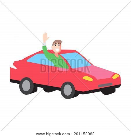 Vector flat illustration car with man rise hand hich-hiking on white isolated background