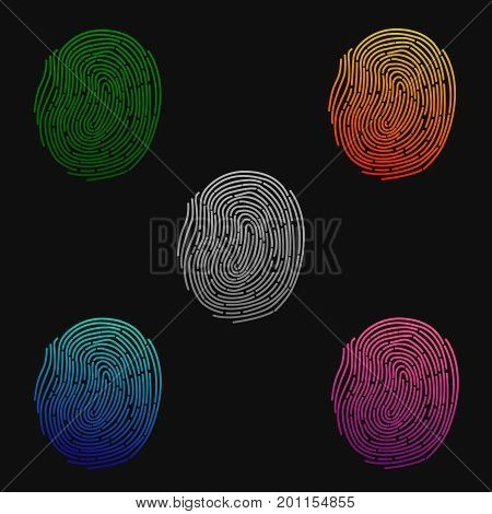 Fingerprints. Illustration of the fingerprint of different colors on a black background. Green, blue, orange and pink colors. Vector illustration