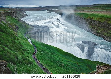 famous Gullfoss waterfall in southern Iceland. treking in Iceland. Travel and landscape photography concept